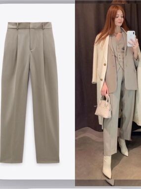 ZARA Straight-Leg High-Waist Trousers in Light Olive Green